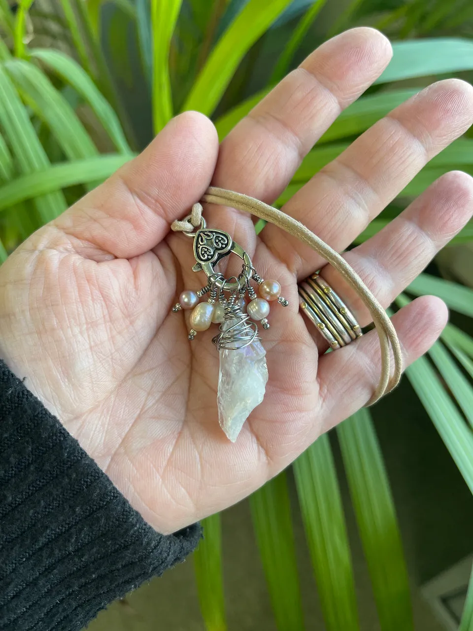 . Quartz Crystal Charm Necklace with a cluster of Pink, peach and white pearls, birthday gift, gift for her