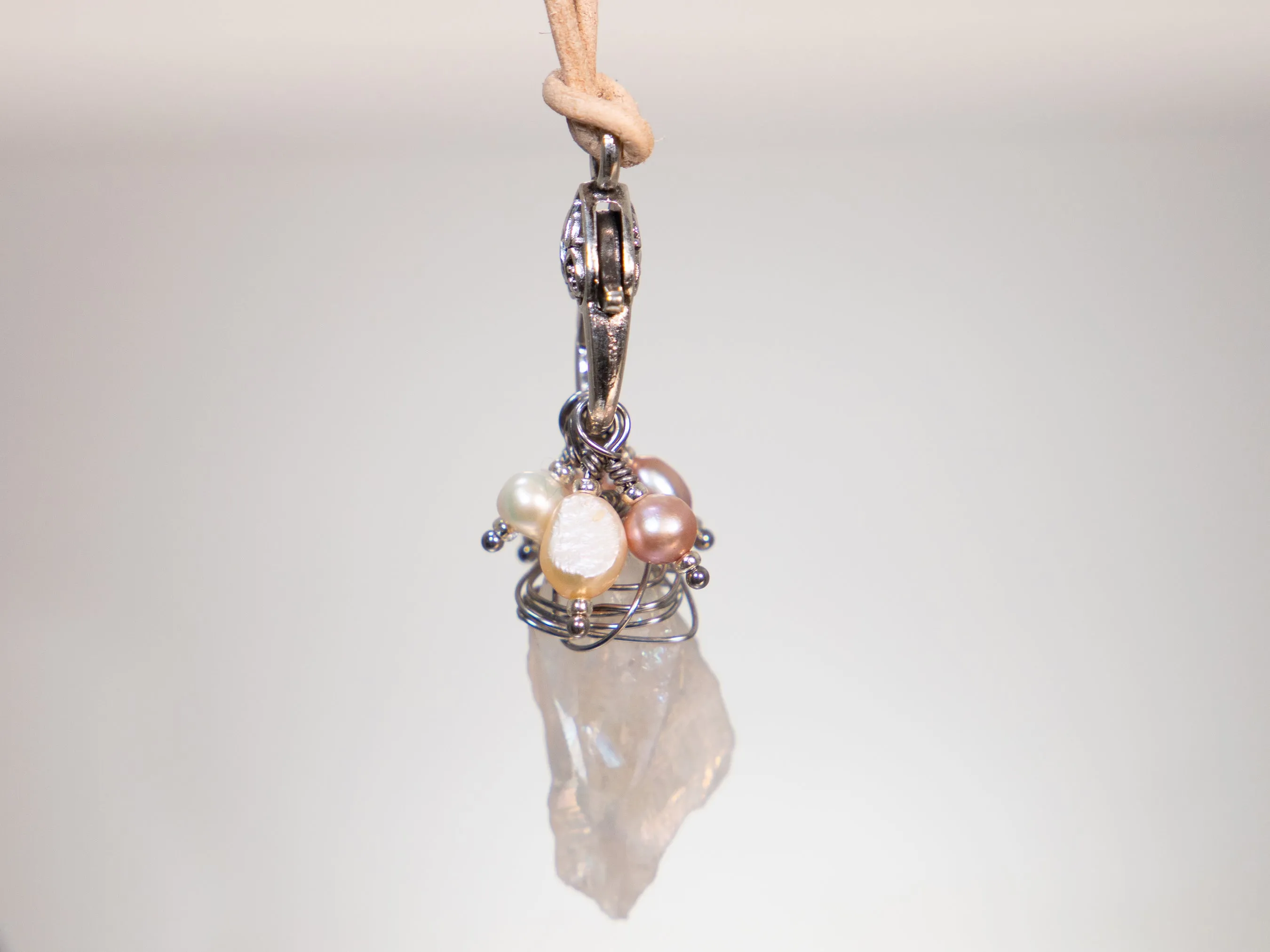 . Quartz Crystal Charm Necklace with a cluster of Pink, peach and white pearls, birthday gift, gift for her
