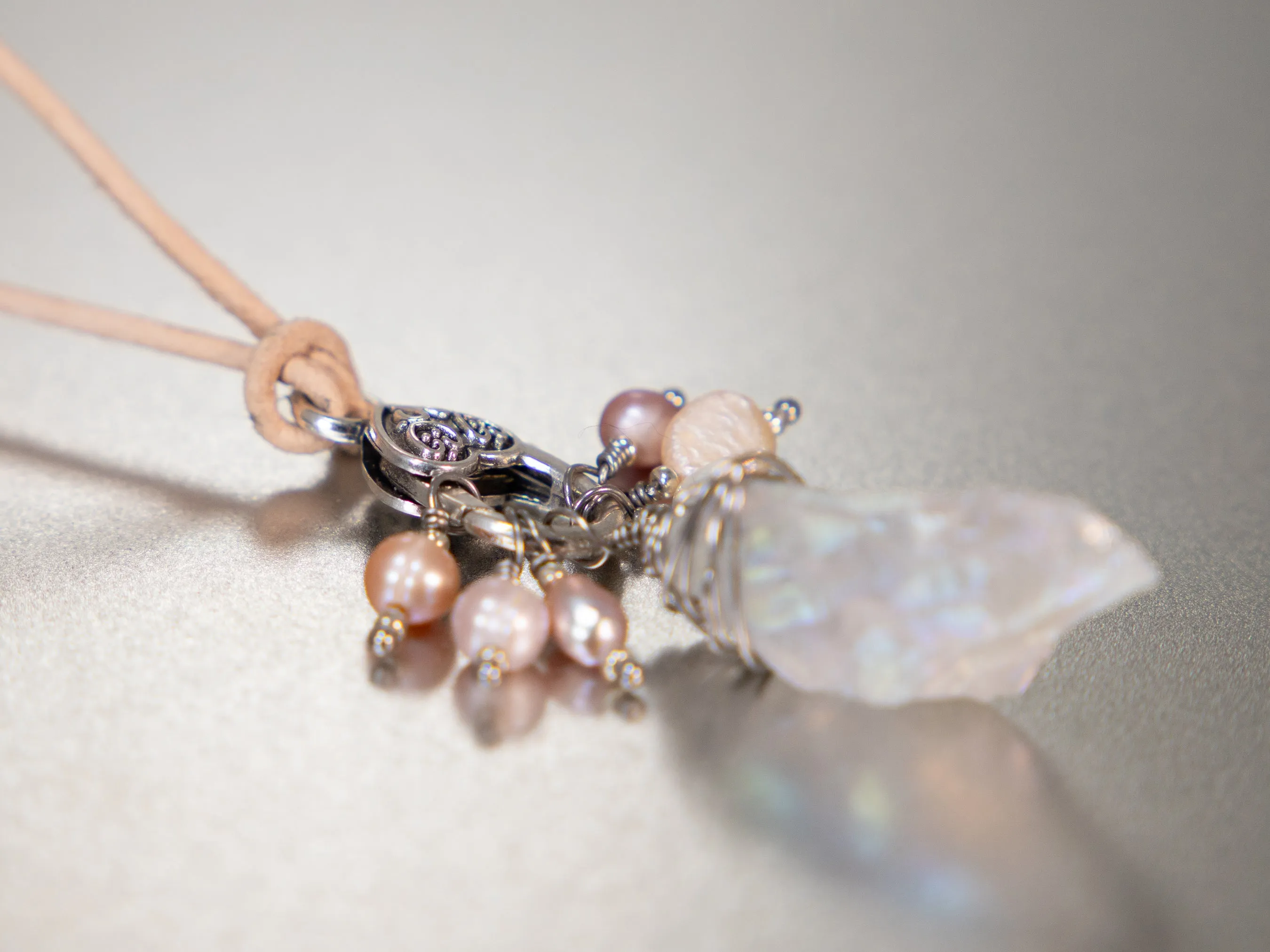 . Quartz Crystal Charm Necklace with a cluster of Pink, peach and white pearls, birthday gift, gift for her