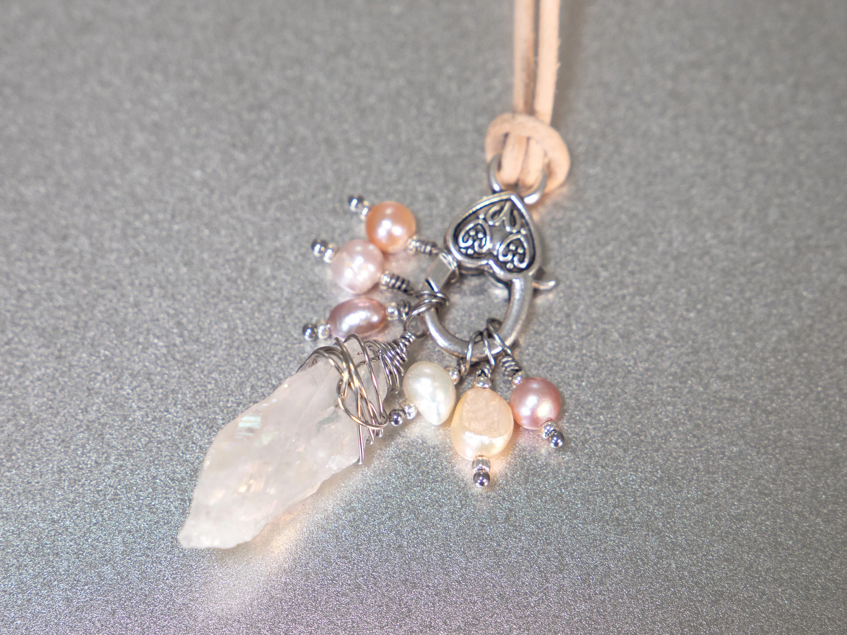 . Quartz Crystal Charm Necklace with a cluster of Pink, peach and white pearls, birthday gift, gift for her