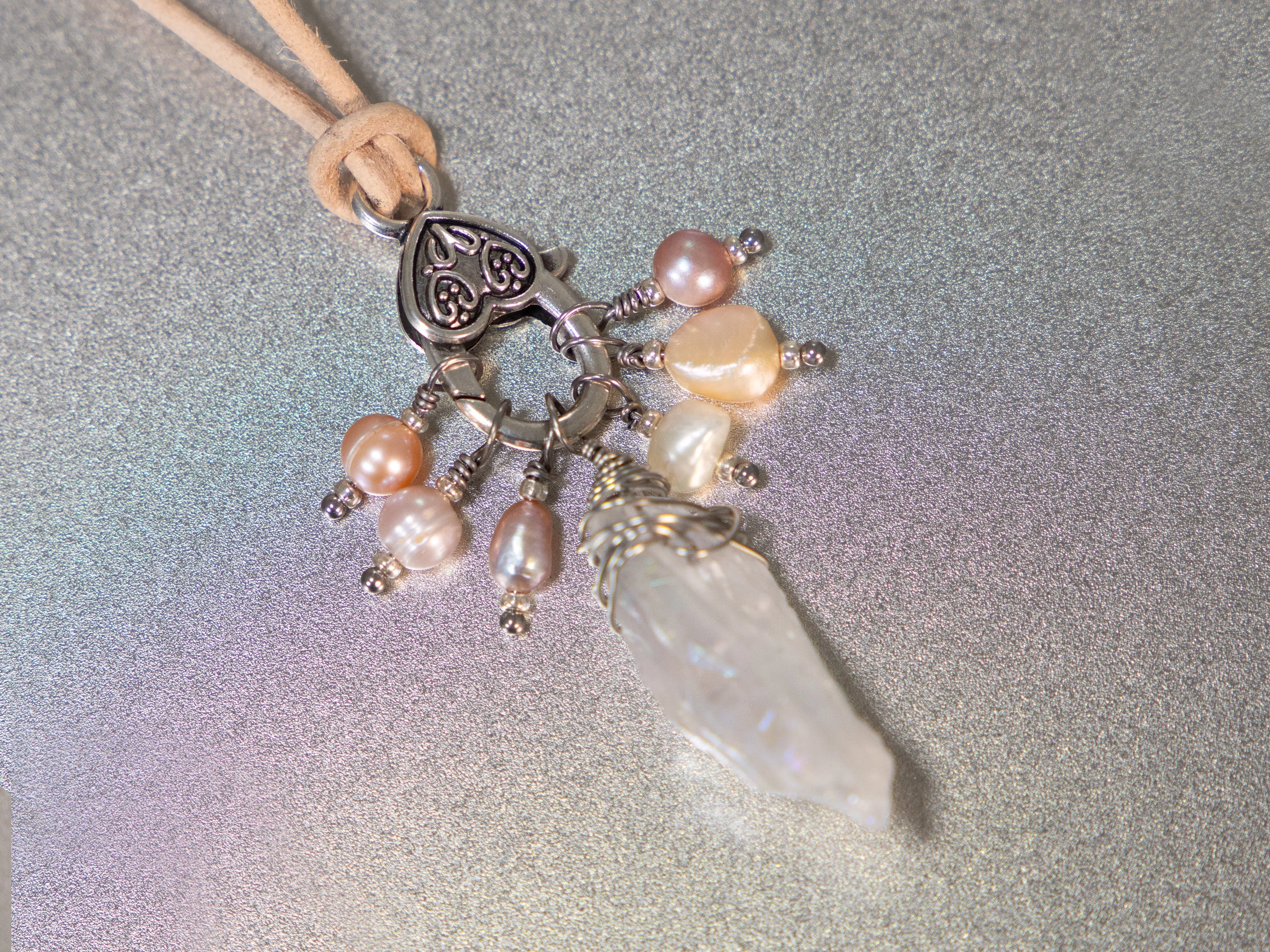 . Quartz Crystal Charm Necklace with a cluster of Pink, peach and white pearls, birthday gift, gift for her