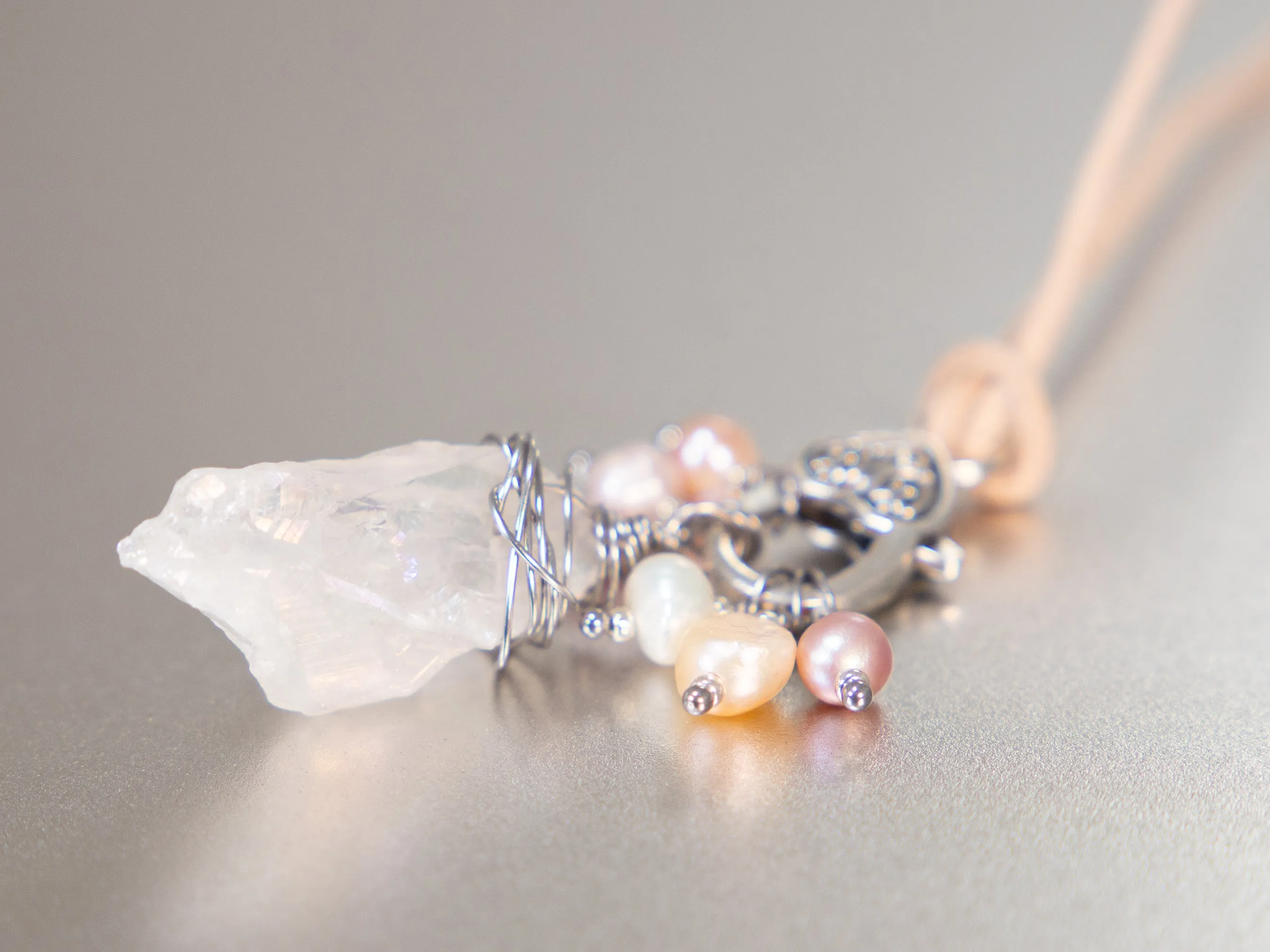 . Quartz Crystal Charm Necklace with a cluster of Pink, peach and white pearls, birthday gift, gift for her