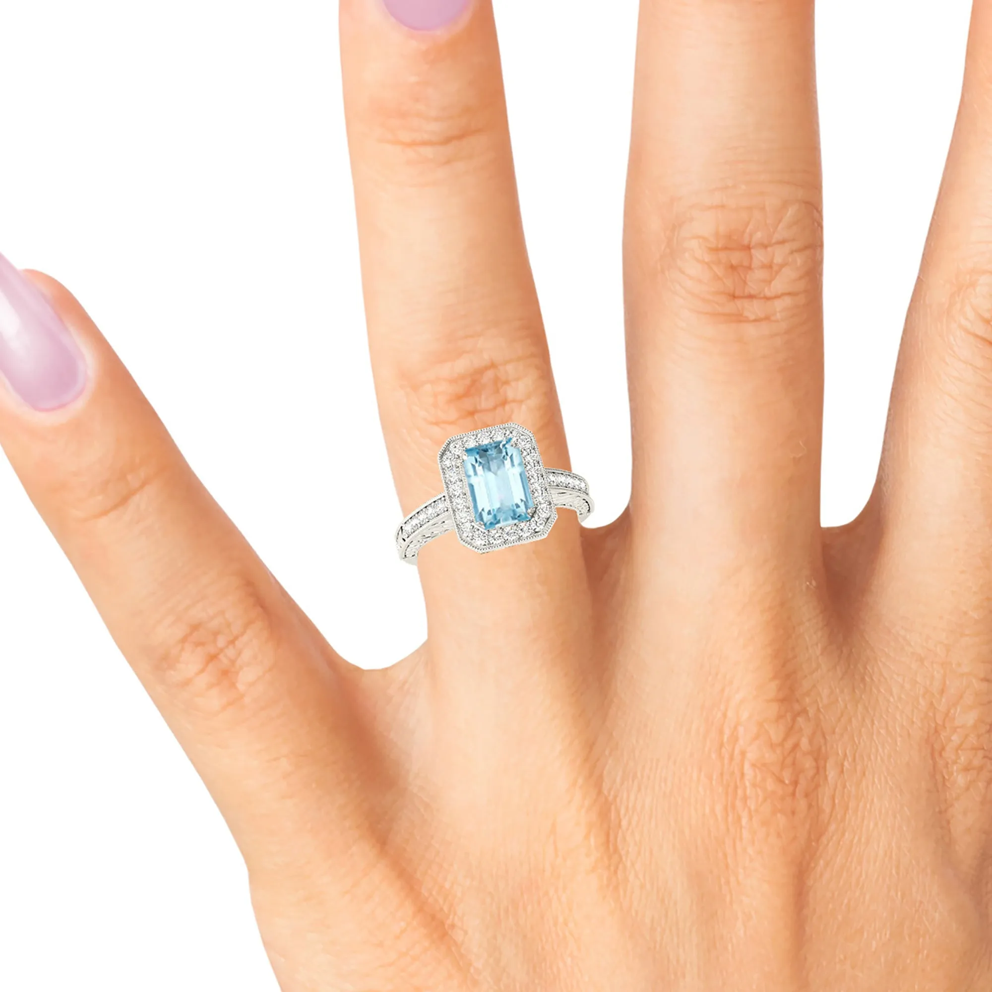 1.00 ct. Genuine Emerald Cut Aquamarine Ring With Halo