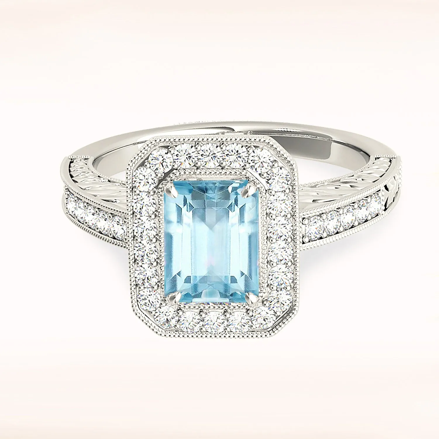 1.00 ct. Genuine Emerald Cut Aquamarine Ring With Halo