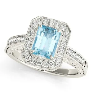1.00 ct. Genuine Emerald Cut Aquamarine Ring With Halo
