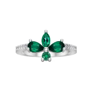 10k White Gold Created Emerald and Diamond Leaf Ring