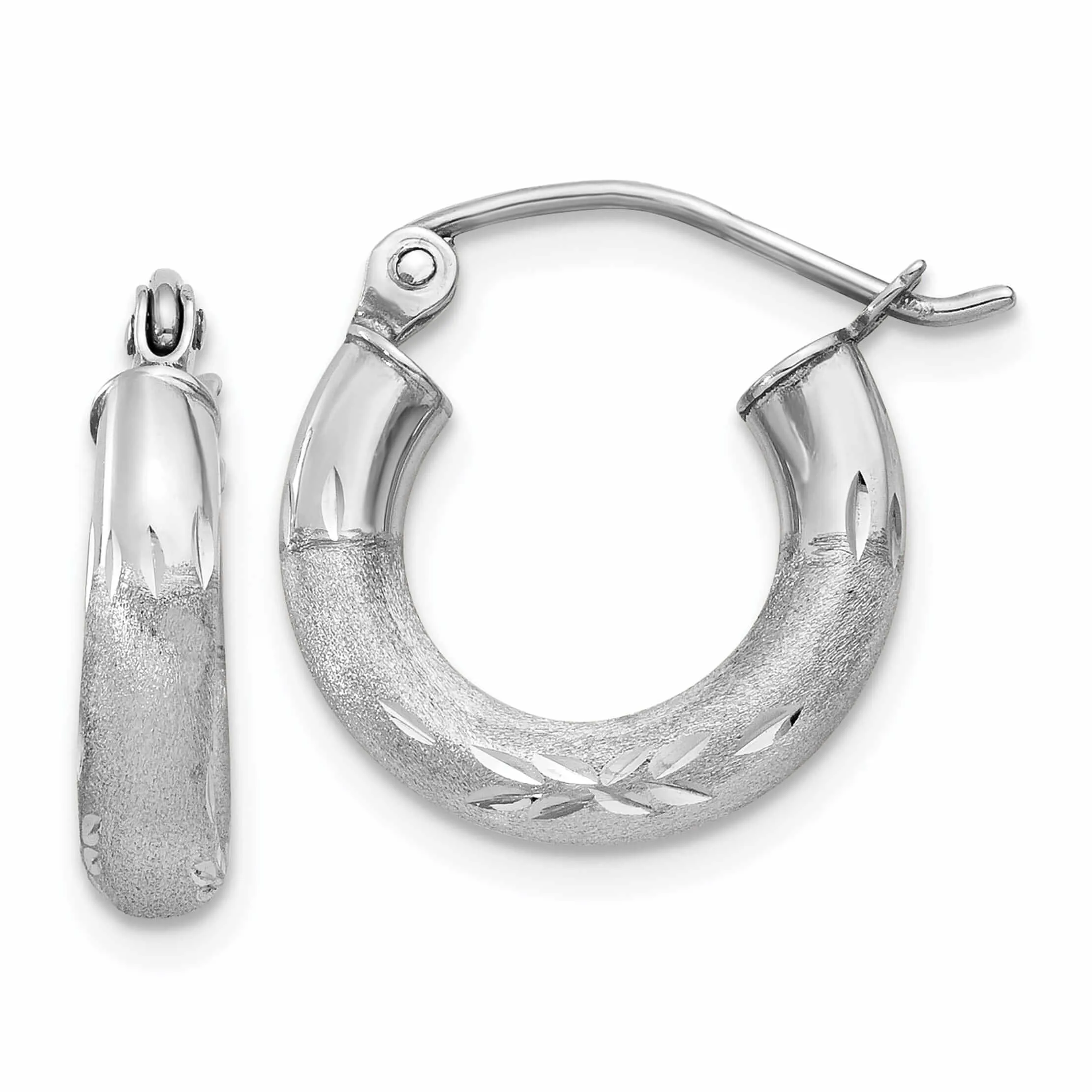 10k White Gold Satin Diamond Cut Round Hoop Earrings