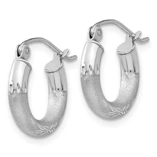 10k White Gold Satin Diamond Cut Round Hoop Earrings