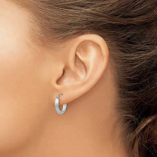 10k White Gold Satin Diamond Cut Round Hoop Earrings