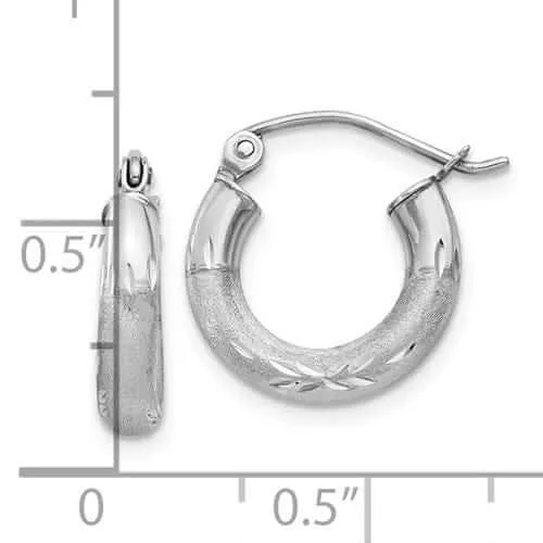 10k White Gold Satin Diamond Cut Round Hoop Earrings