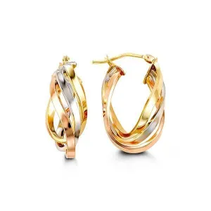 10K Yellow, White And Rose Gold Twist Hoop Earrings