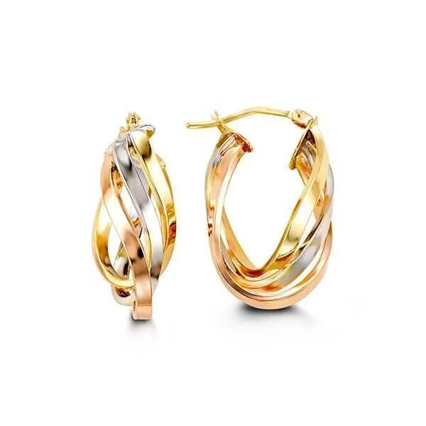 10K Yellow, White And Rose Gold Twist Hoop Earrings