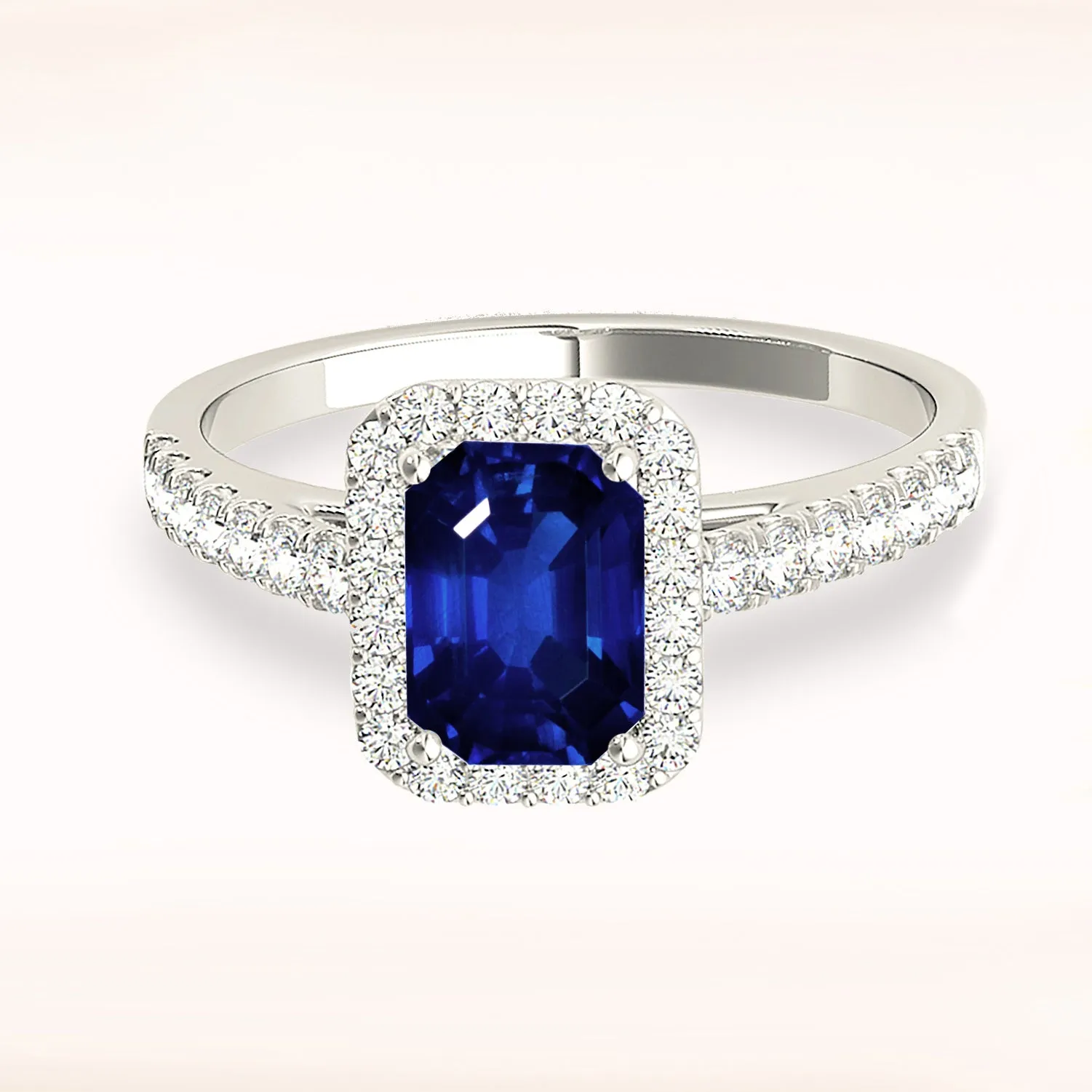 1.15 ct. Genuine Blue Emerald Cut Sapphire Ring With Halo Style