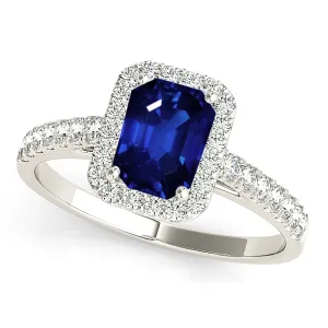 1.15 ct. Genuine Blue Emerald Cut Sapphire Ring With Halo Style