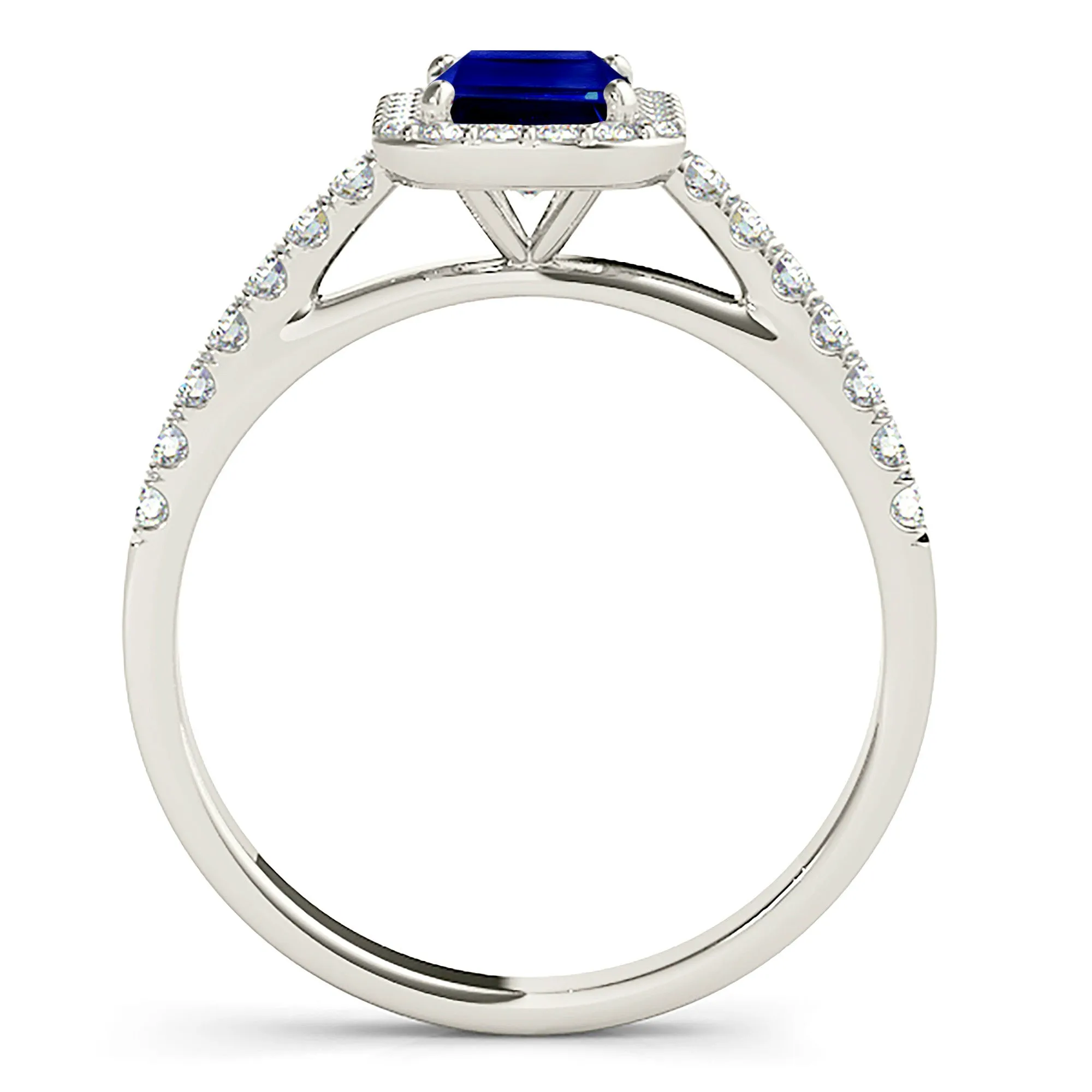 1.15 ct. Genuine Blue Emerald Cut Sapphire Ring With Halo Style