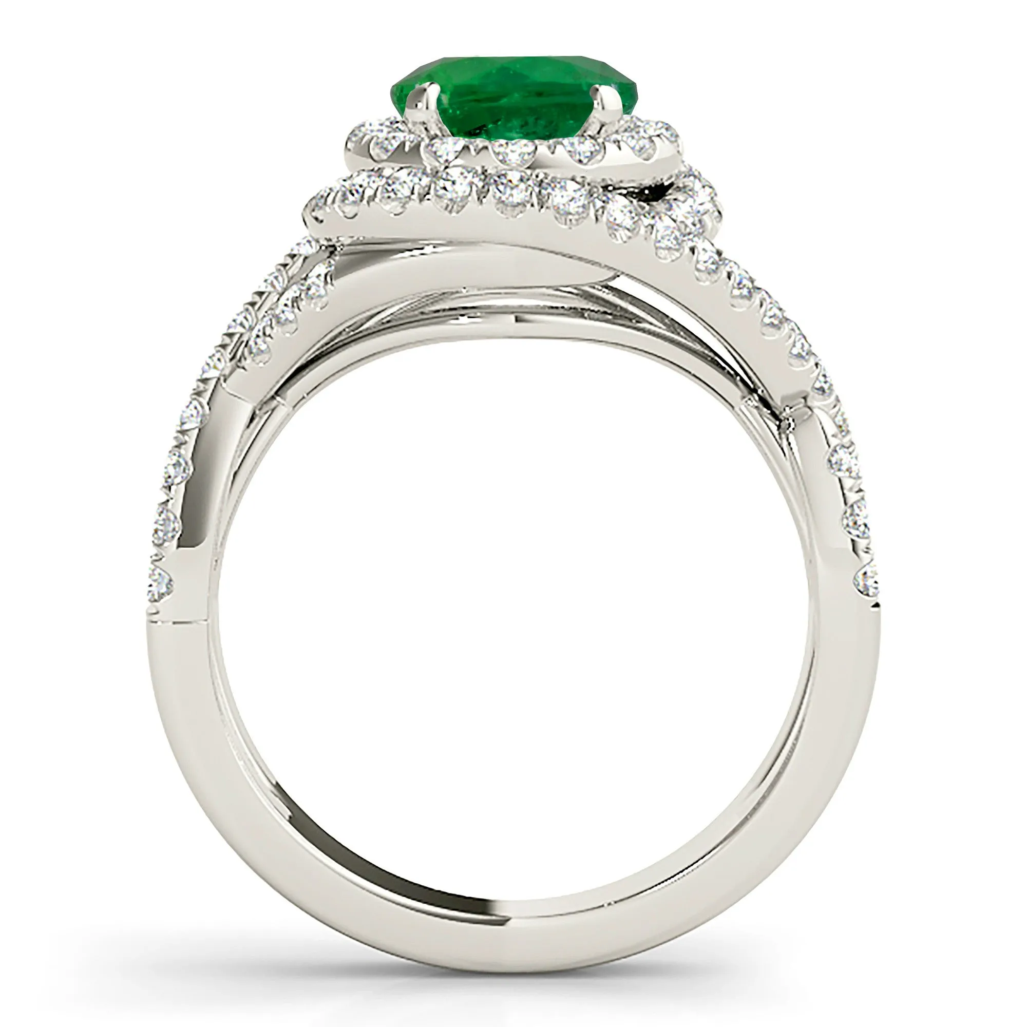 1.15 ct. Genuine Emerald Ring With Swirl Halo and Twist Diamond Band