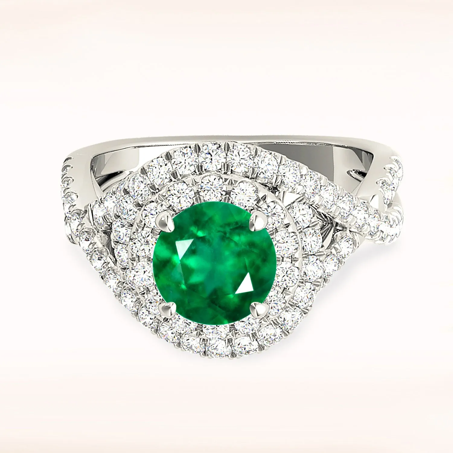 1.15 ct. Genuine Emerald Ring With Swirl Halo and Twist Diamond Band