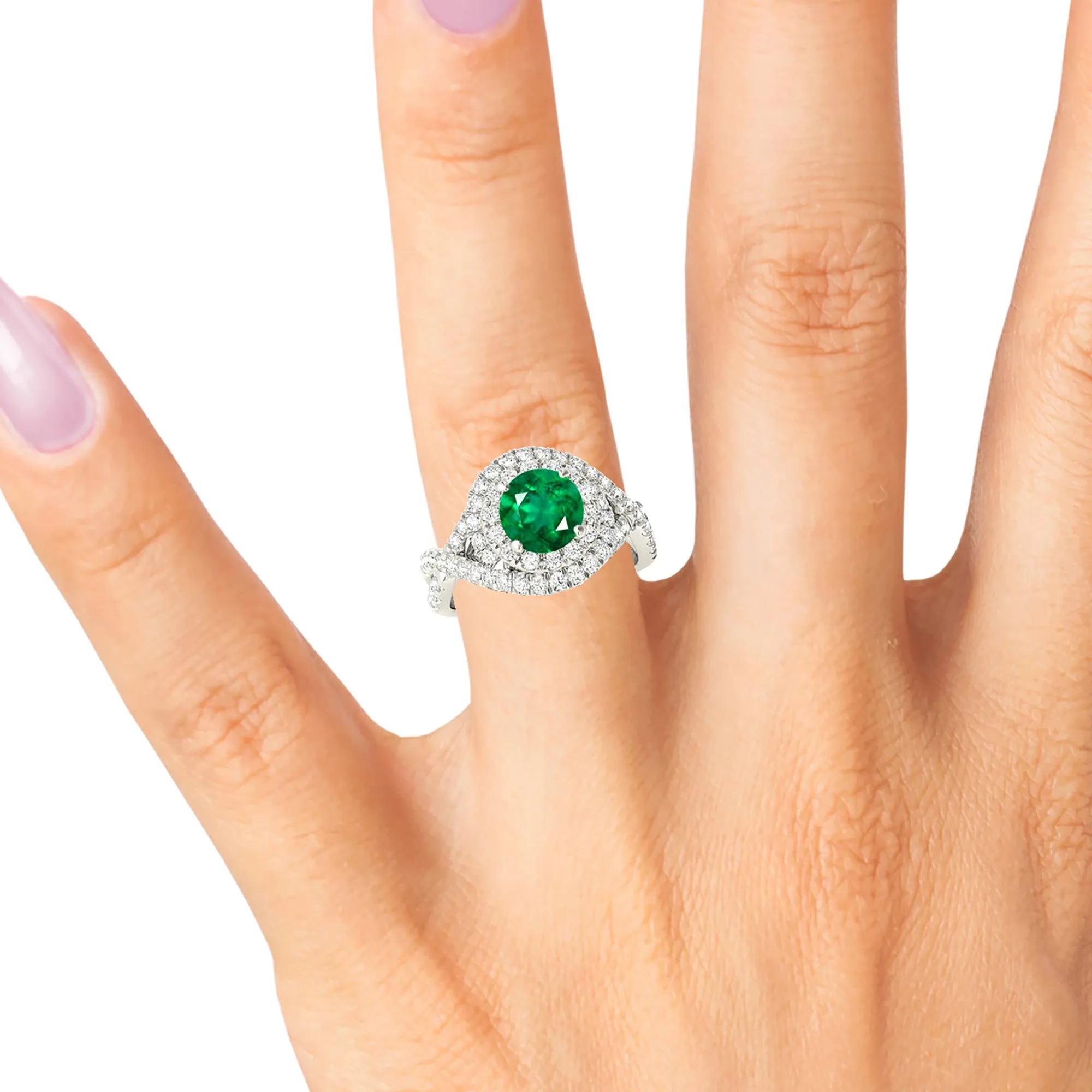 1.15 ct. Genuine Emerald Ring With Swirl Halo and Twist Diamond Band