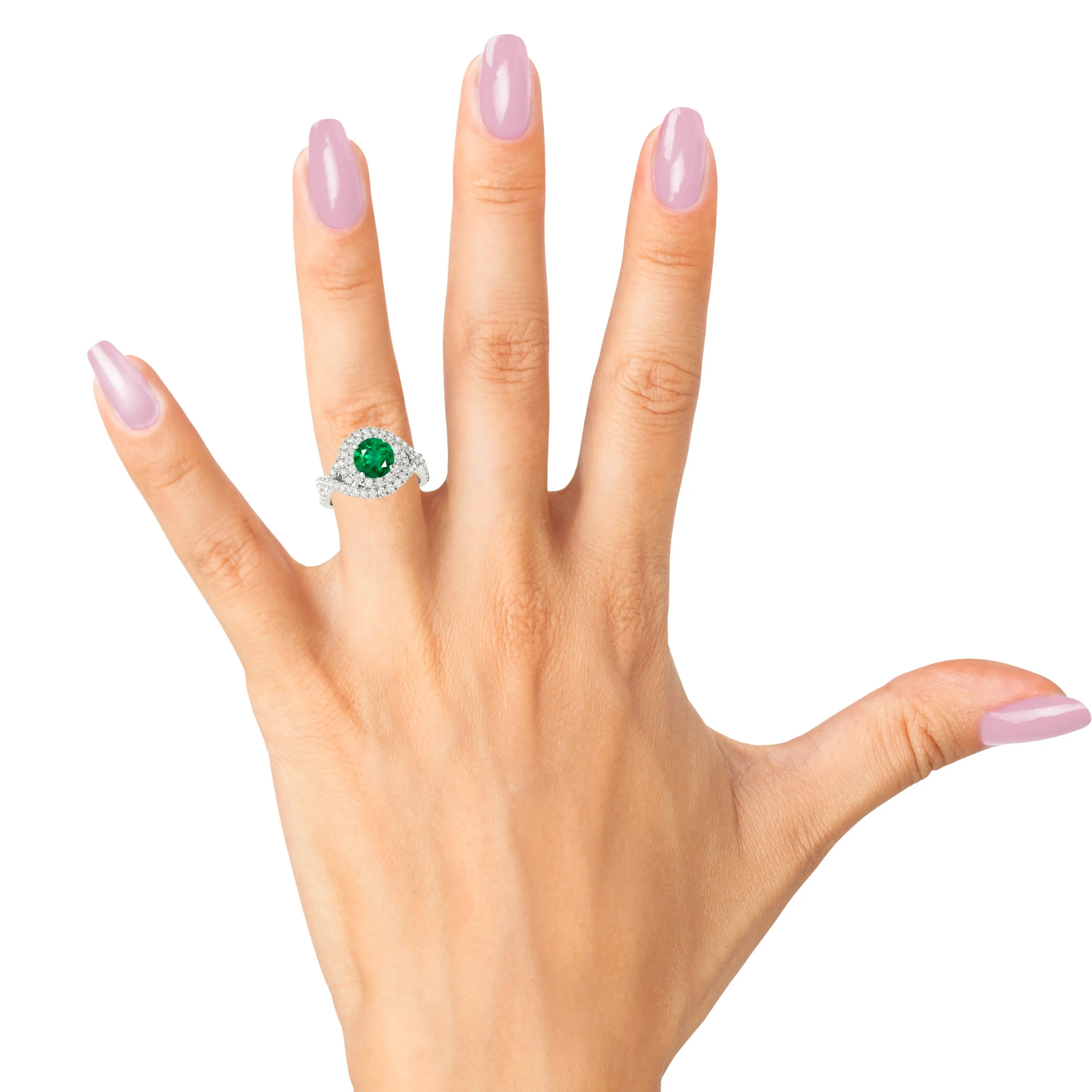 1.15 ct. Genuine Emerald Ring With Swirl Halo and Twist Diamond Band