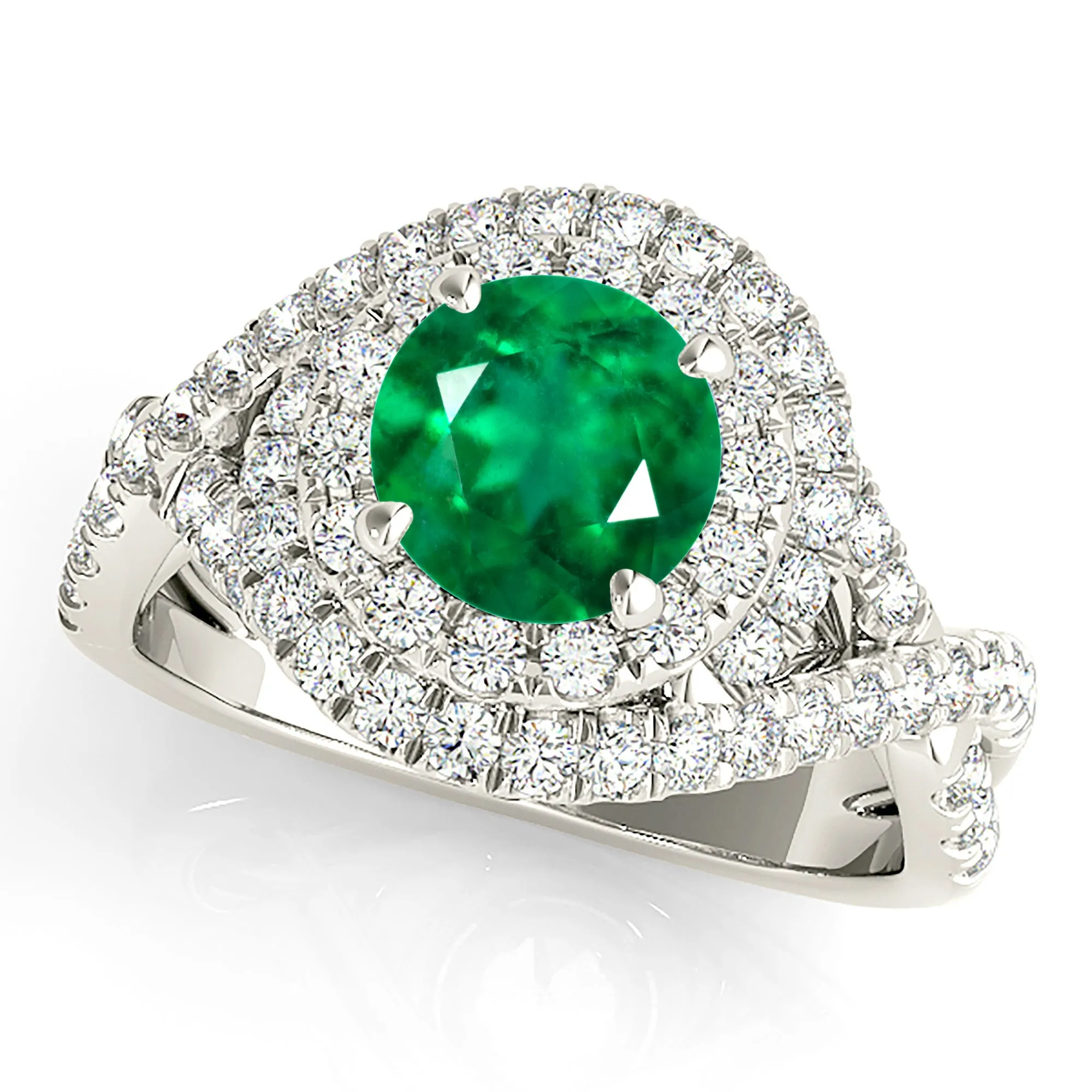 1.15 ct. Genuine Emerald Ring With Swirl Halo and Twist Diamond Band