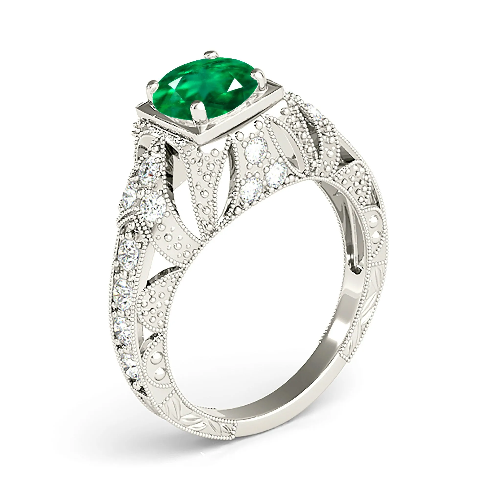 1.15 ct. Genuine Solitaire Emerald Ring With Filigree And Milgrain Band