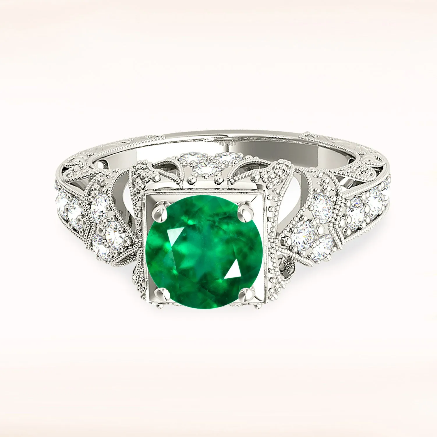 1.15 ct. Genuine Solitaire Emerald Ring With Filigree And Milgrain Band