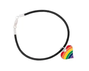 12 Pack Rainbow Heart Charm Black Cord Bracelets (12 Bracelets)