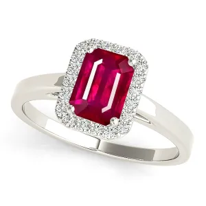 1.20 ct. Genuine Emerald Cut Ruby Ring with Halo And Solid Gold Shank