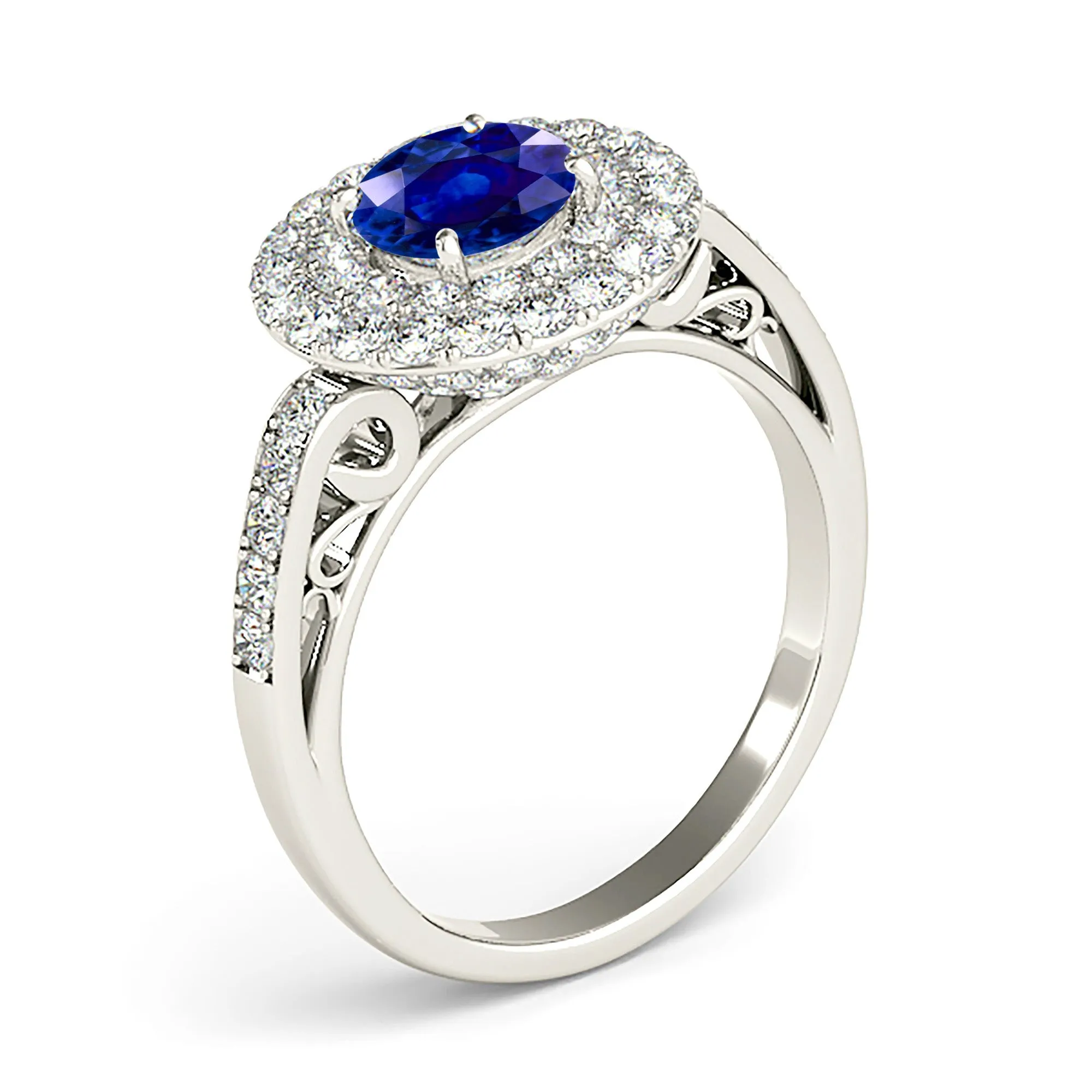 1.35 ct. Genuine Blue Sapphire 3D Pave Set Halo Ring