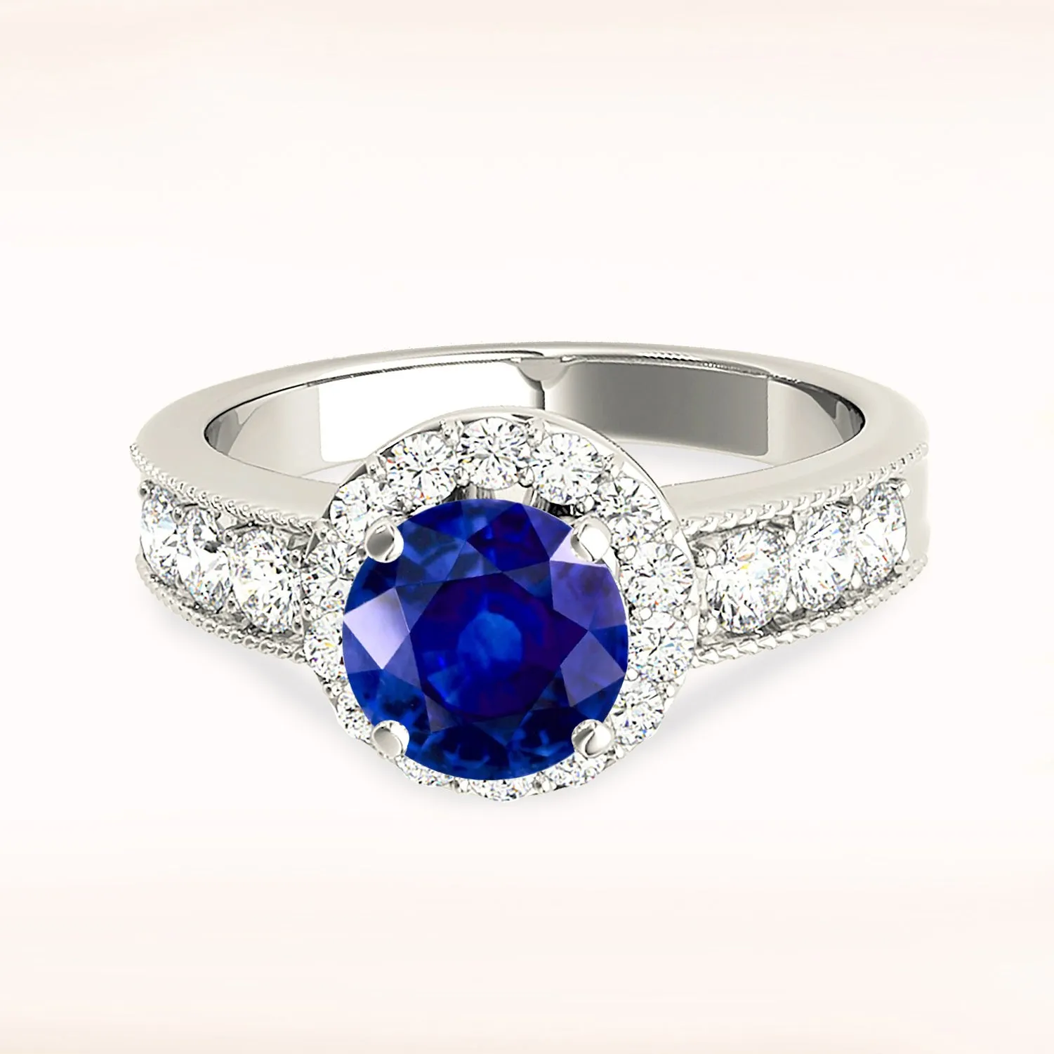 1.35 ct. Genuine Blue Sapphire Halo Ring With Milgrain Side Diamonds