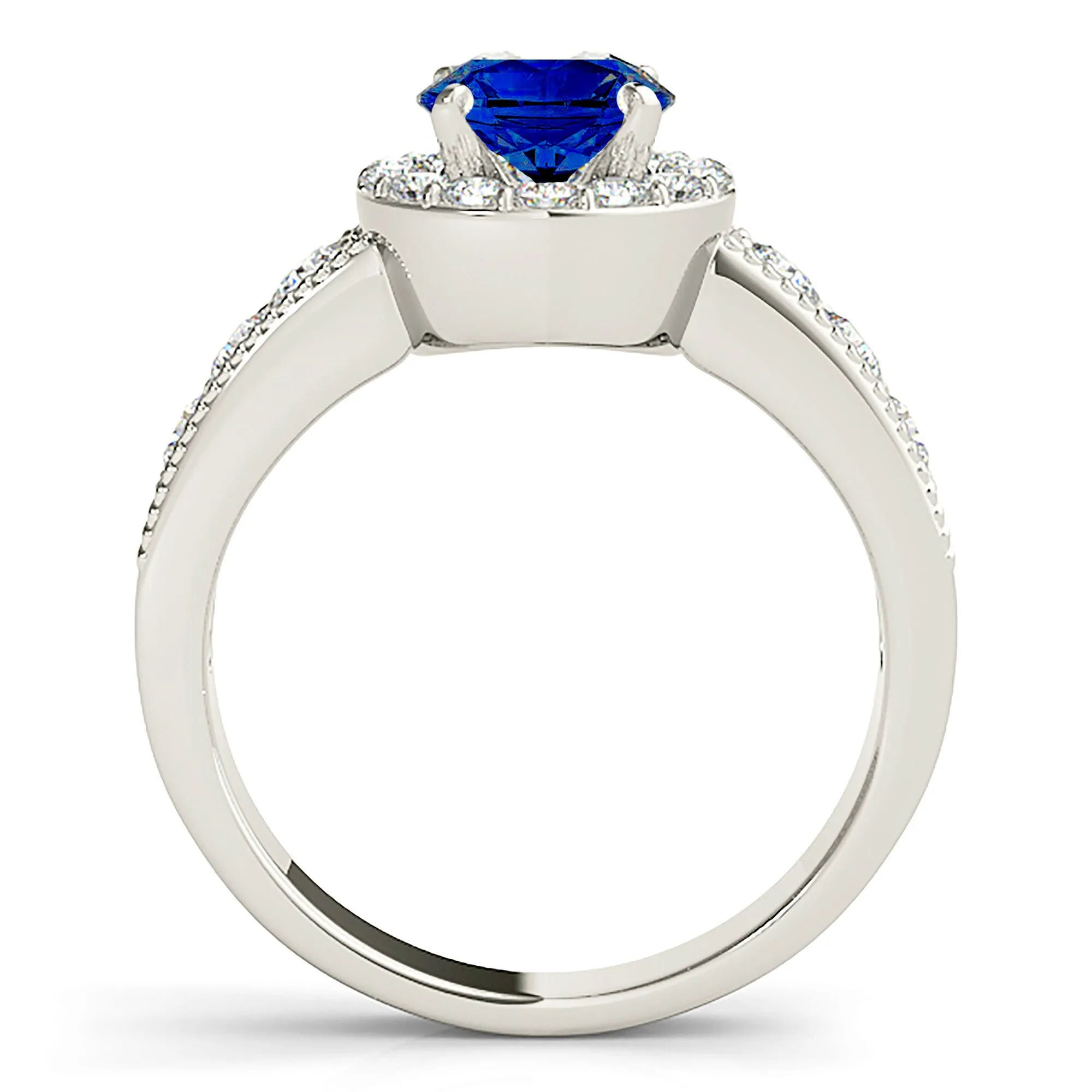 1.35 ct. Genuine Blue Sapphire Halo Ring With Milgrain Side Diamonds