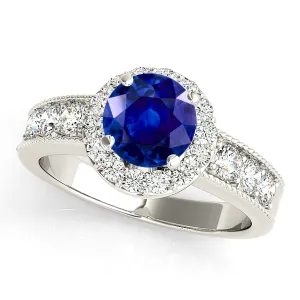 1.35 ct. Genuine Blue Sapphire Halo Ring With Milgrain Side Diamonds