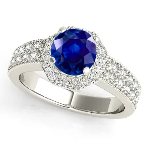 1.35 ct. Genuine Blue Sapphire Halo Ring with Two Row Side Diamonds