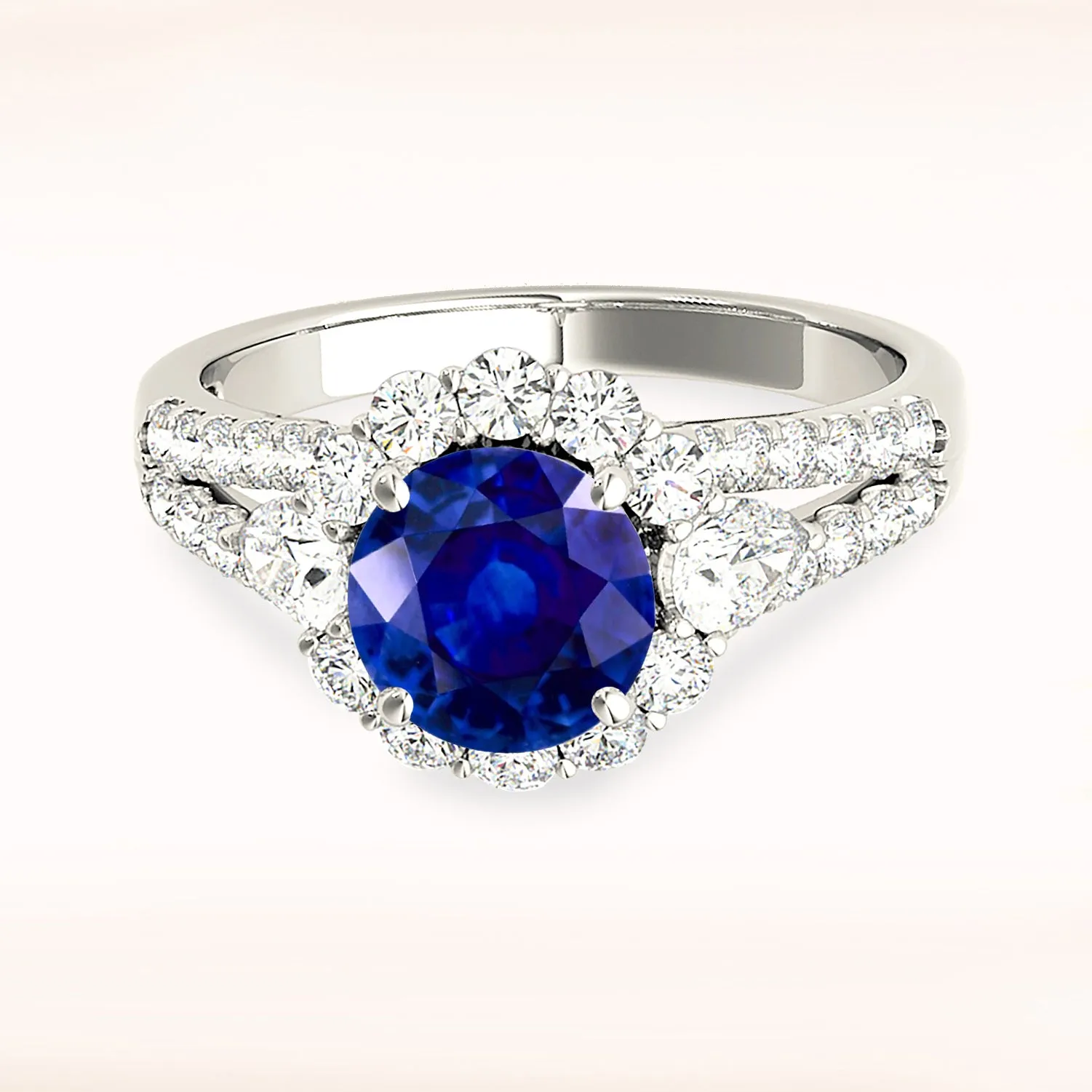 1.35 ct. Genuine Blue Sapphire Split Shank Halo Ring
