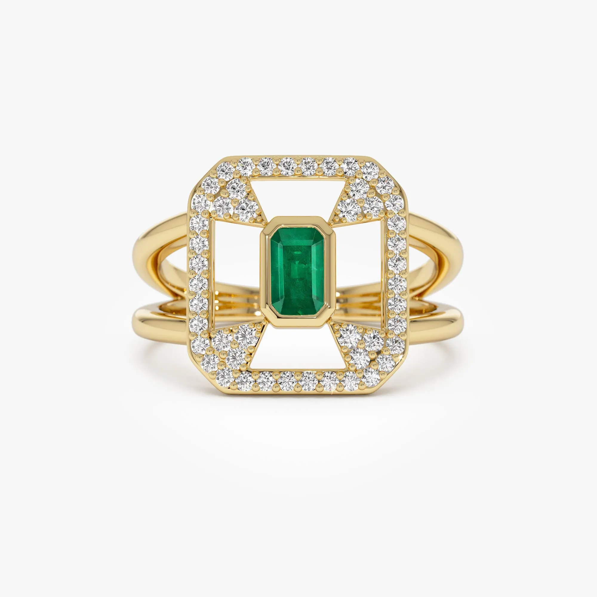 14k Art Deco Design Emerald Halo Ring
