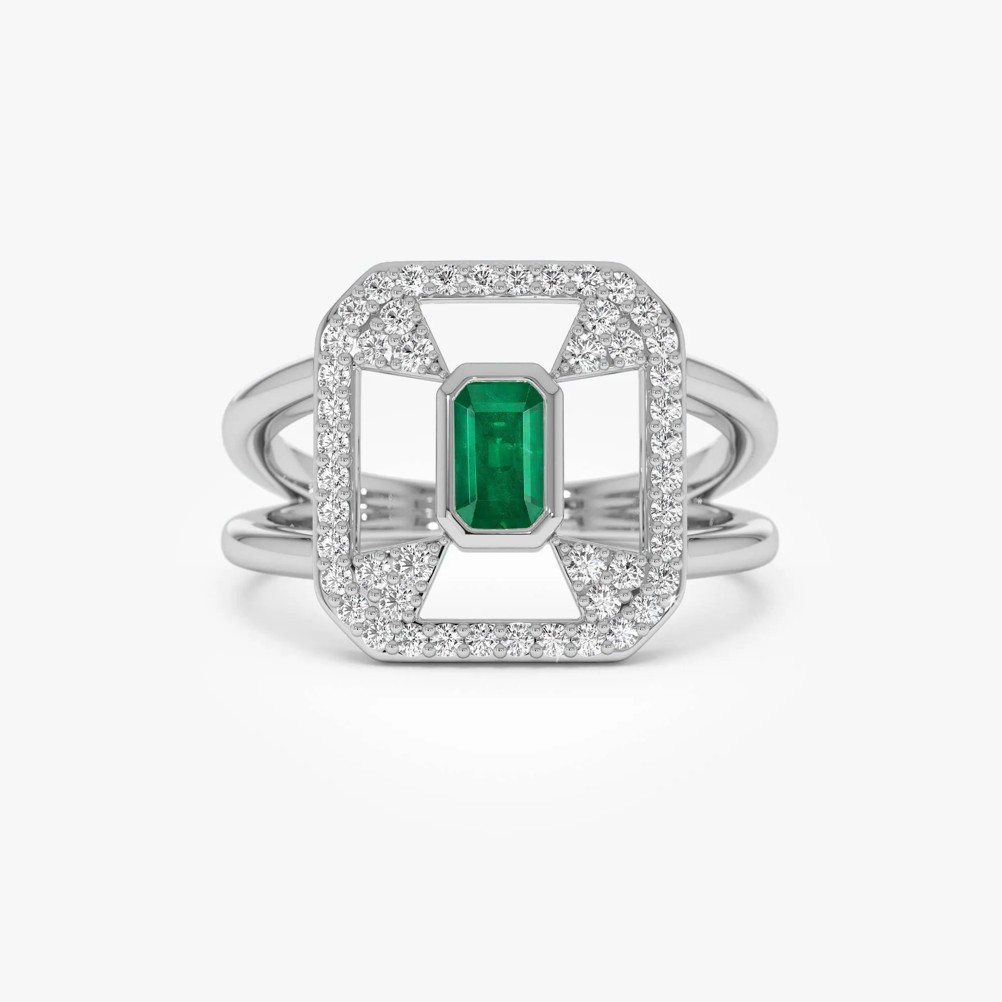 14k Art Deco Design Emerald Halo Ring