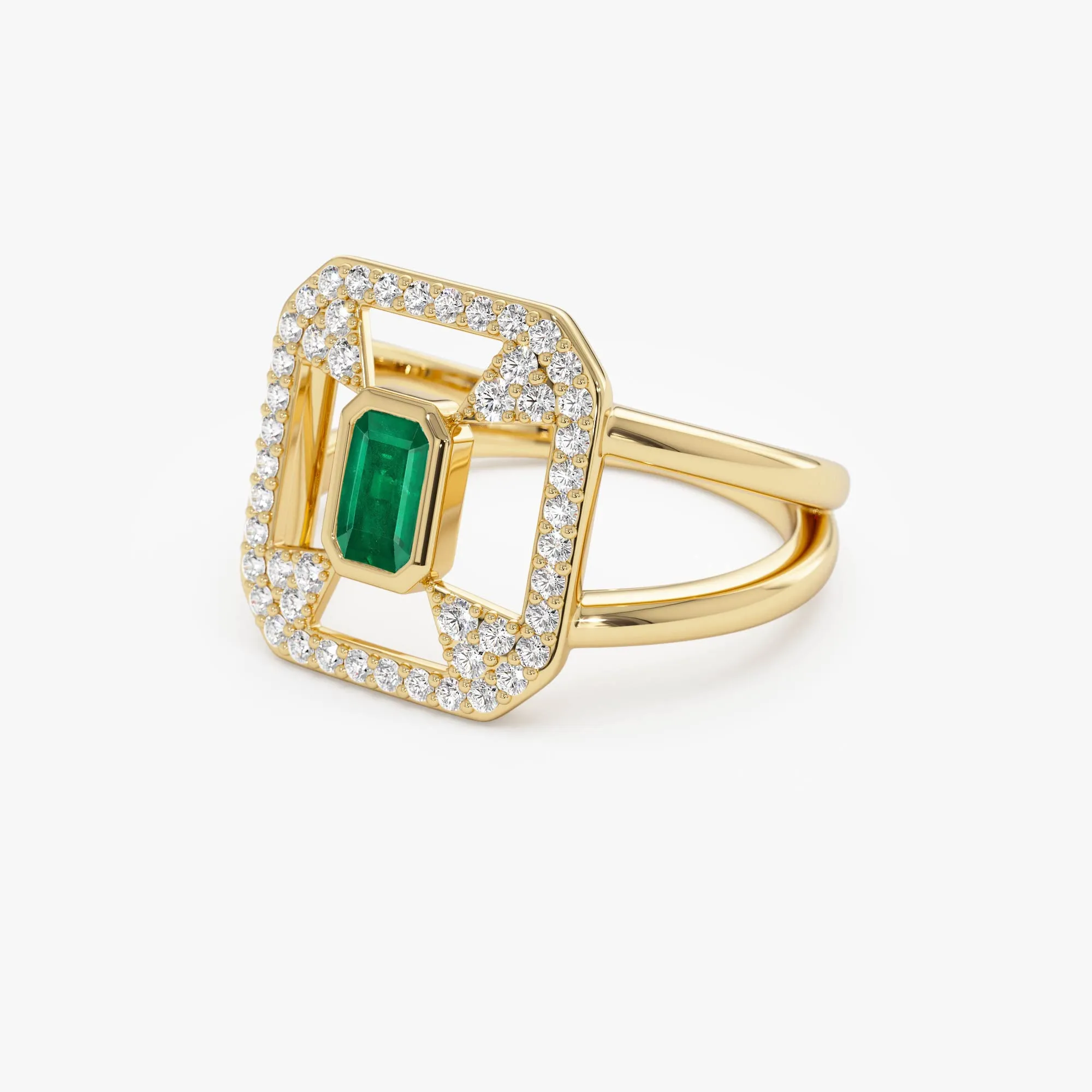 14k Art Deco Design Emerald Halo Ring