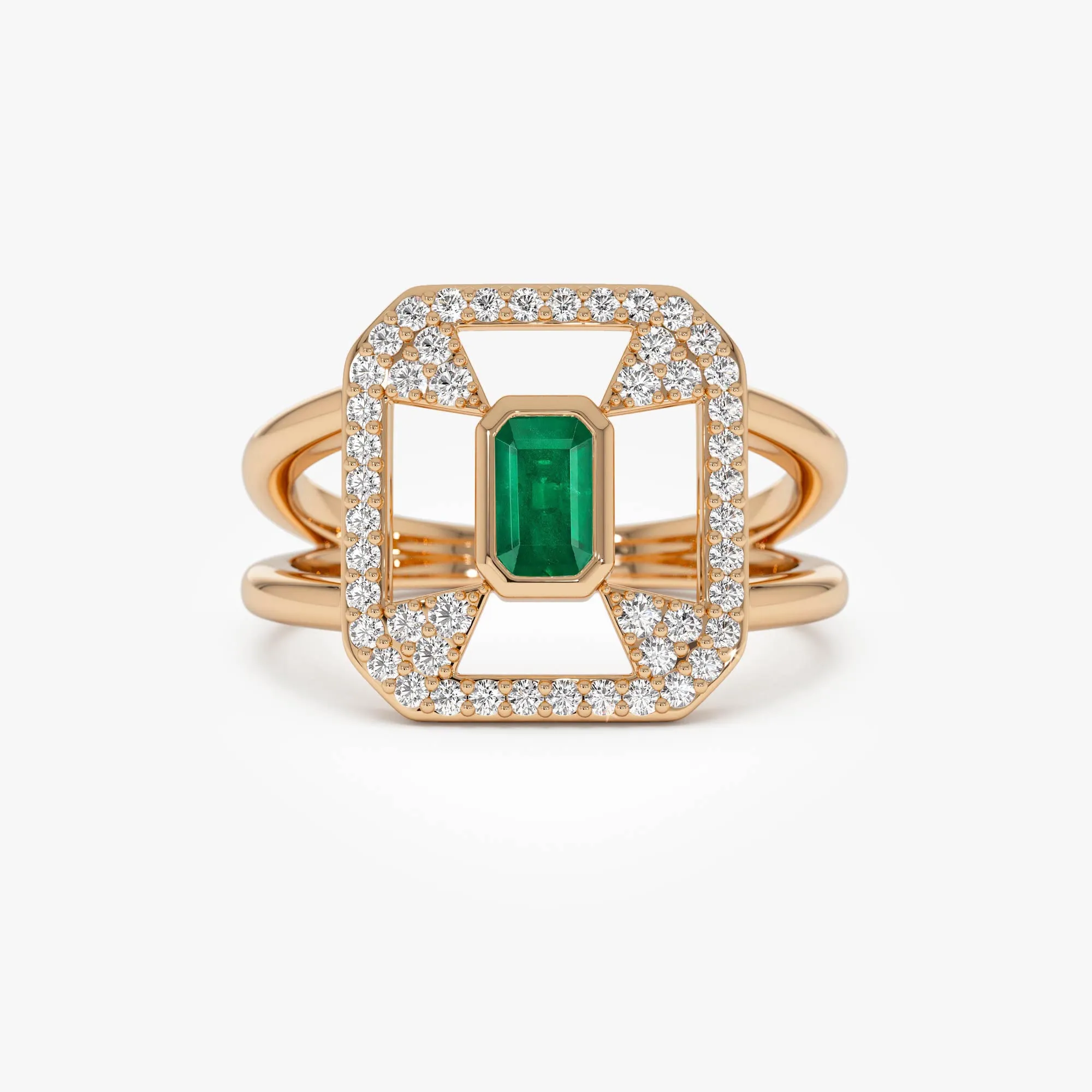 14k Art Deco Design Emerald Halo Ring