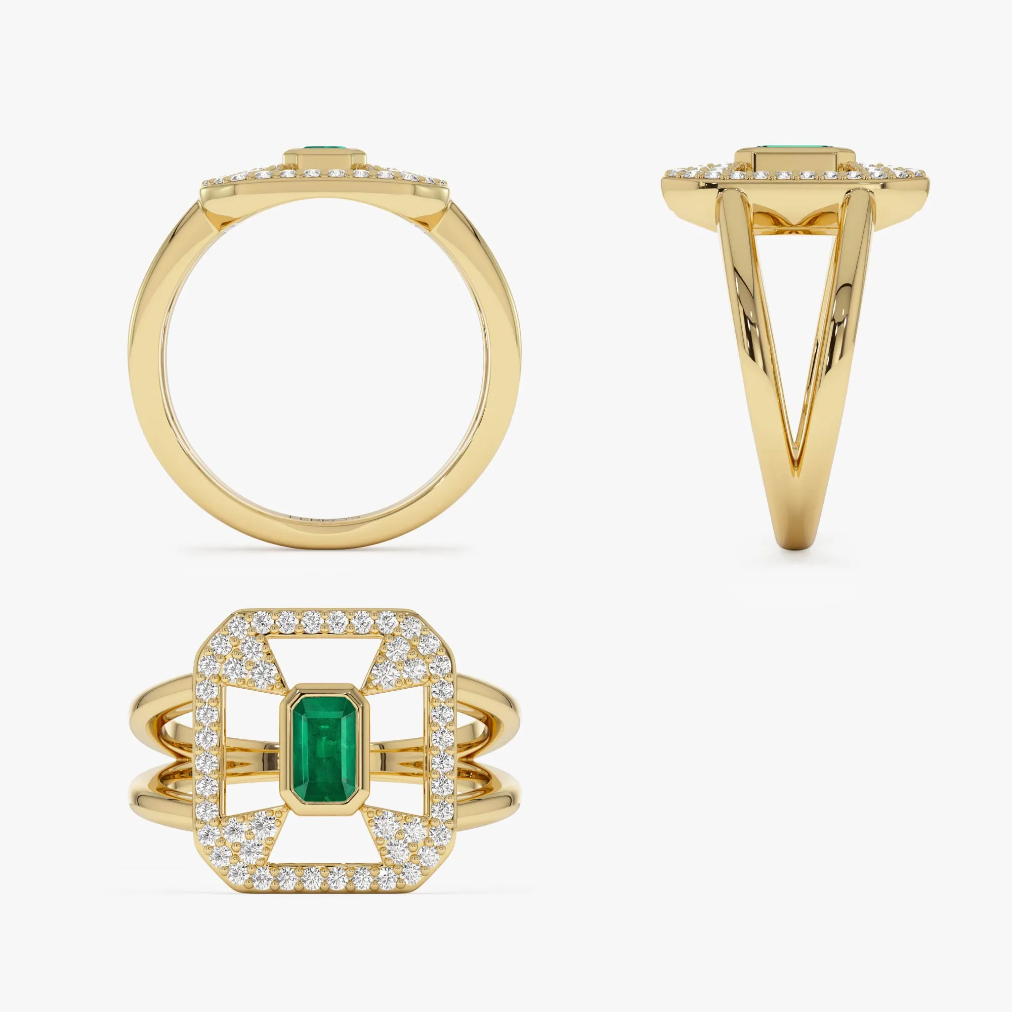 14k Art Deco Design Emerald Halo Ring