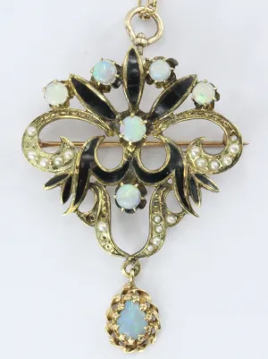 14k Art Nouveau Opal, Seed Pearl and Enamel Pendant / Brooch