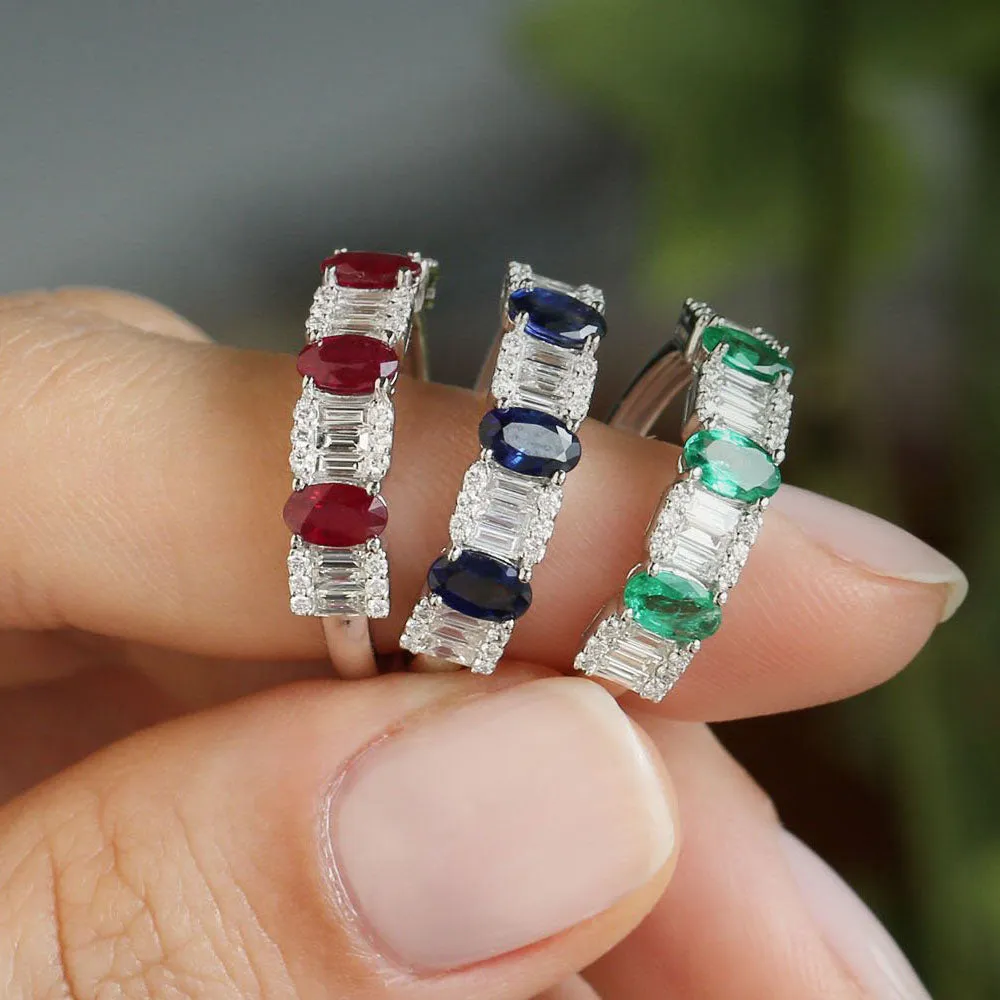 14K Baguette & Round Diamond with Genuine Sapphire Ring