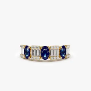 14K Baguette & Round Diamond with Genuine Sapphire Ring