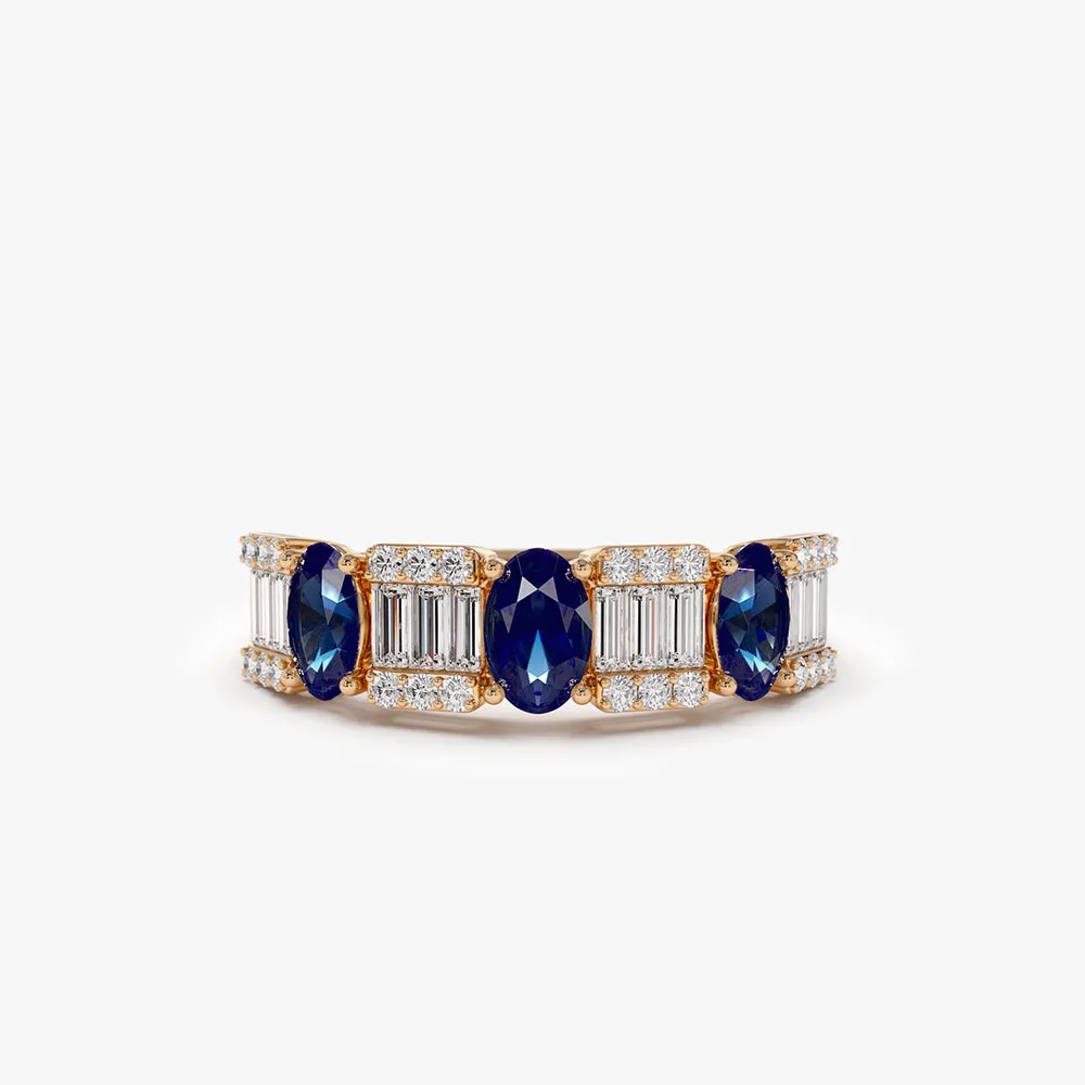 14K Baguette & Round Diamond with Genuine Sapphire Ring