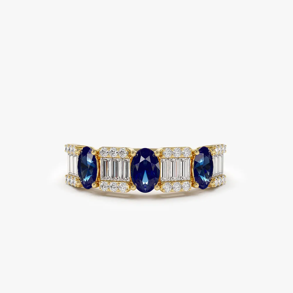 14K Baguette & Round Diamond with Genuine Sapphire Ring