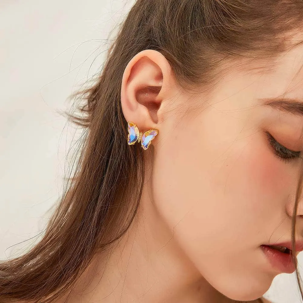 14K Gold Crystal Rhinestone Butterfly Stud Earrings