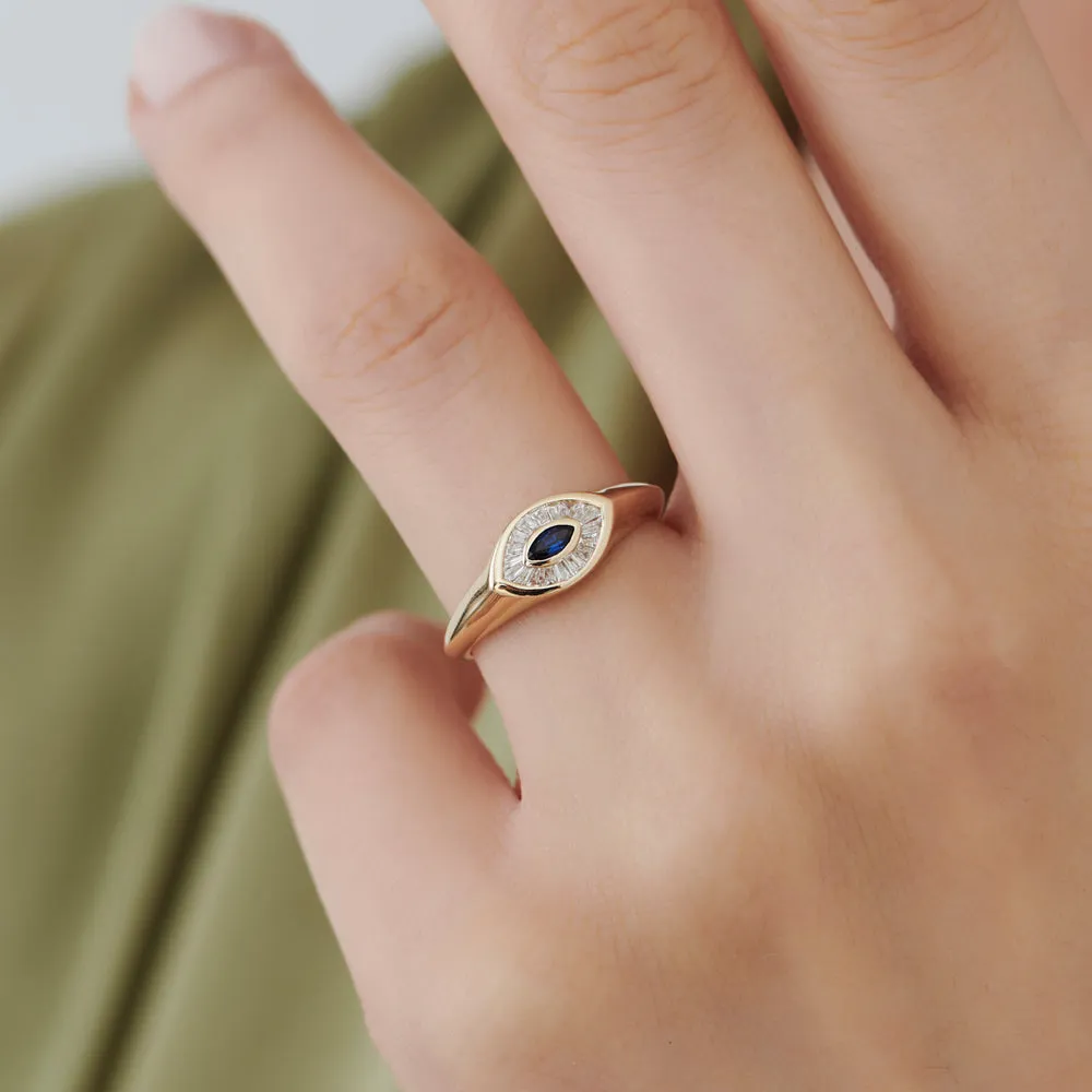 14k Marquise Shaped Sapphire and Baguette Diamond Ring