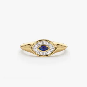 14k Marquise Shaped Sapphire and Baguette Diamond Ring