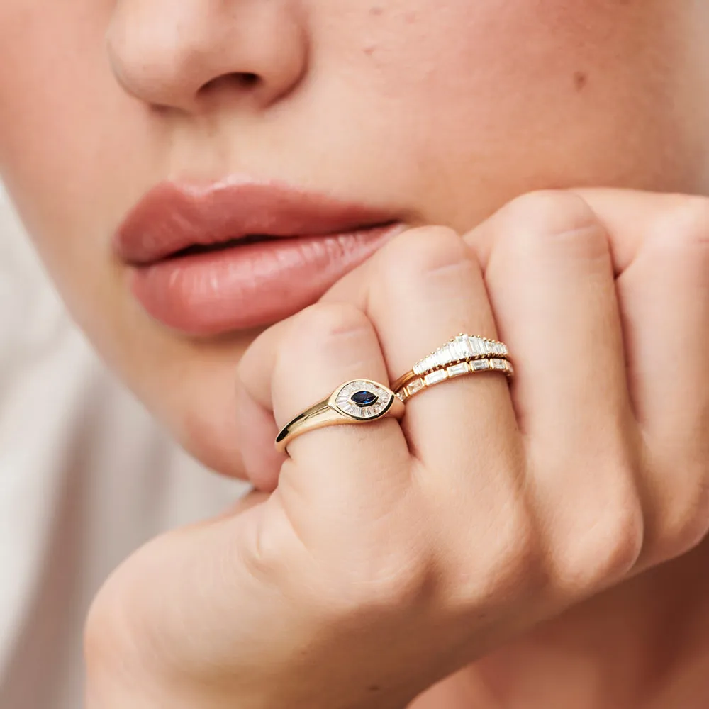 14k Marquise Shaped Sapphire and Baguette Diamond Ring