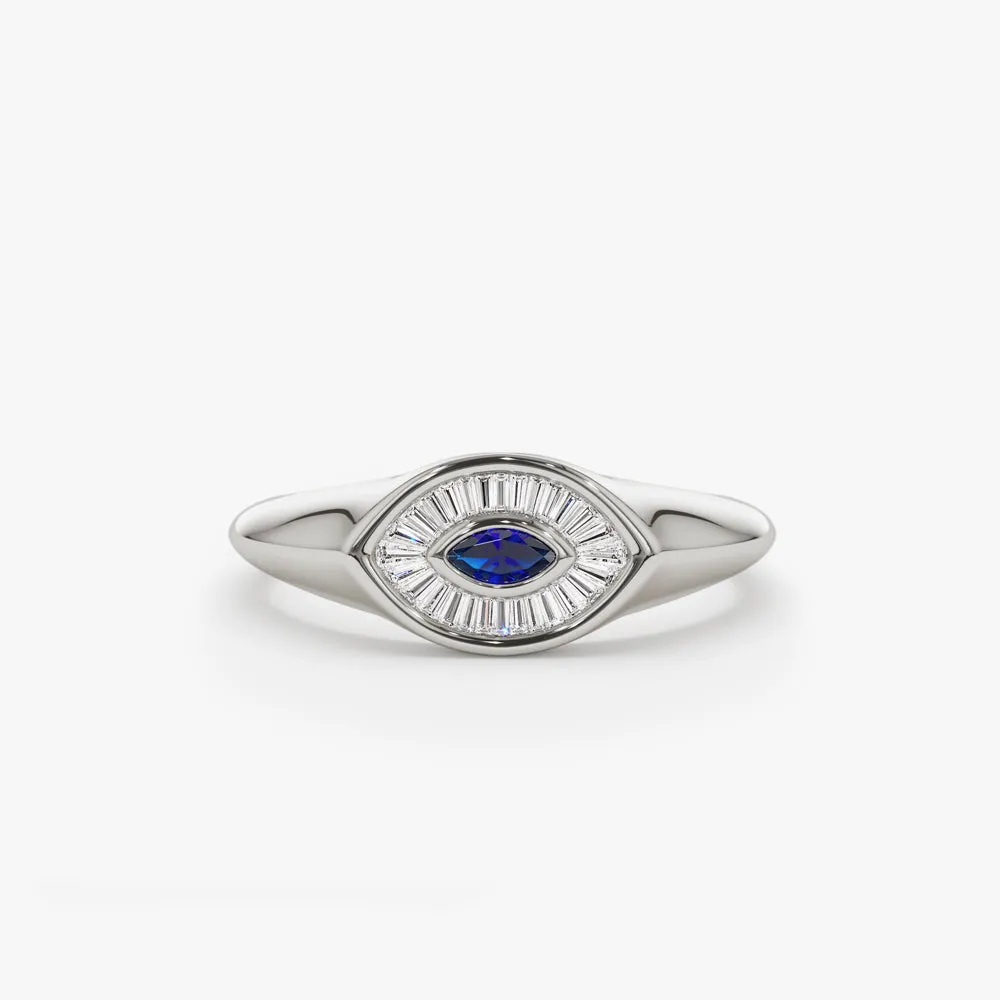 14k Marquise Shaped Sapphire and Baguette Diamond Ring