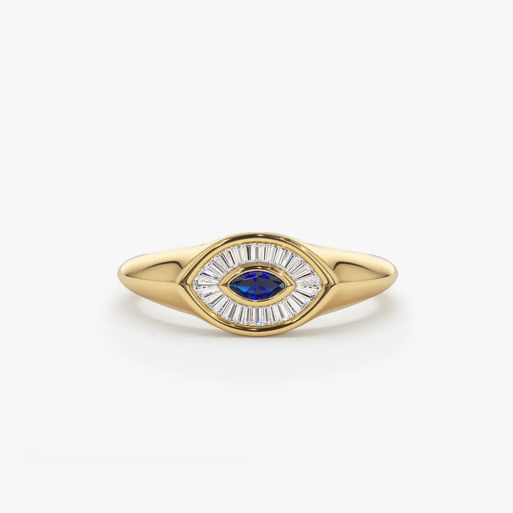 14k Marquise Shaped Sapphire and Baguette Diamond Ring
